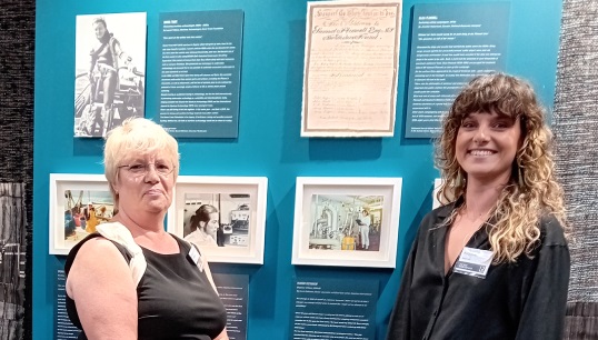 1970s engineer officer Marion Pettigrew Sambridge (left) with her daughter Katy, flanking the photo of Marion in the Nautilus contribution to the She Sees exhibition, September 2023. Images: Nautilus International Image:1970s engineer officer Marion Pettigrew Sambridge (left) with her daughter Katy, flanking the photo of Marion in the Nautilus contribution to the She Sees exhibition, September 2023. Images: Nautilus International